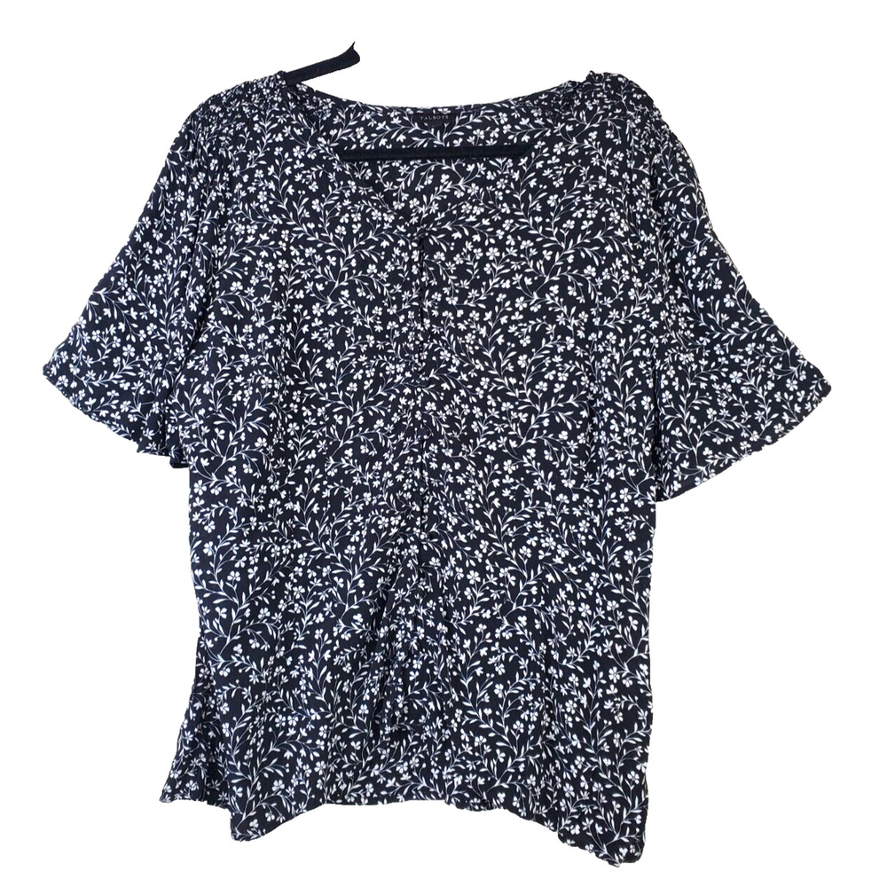 Talbots Womens Top 16 Black Floral Button Front Smocked Flutter Sleeve Feminine